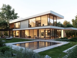 A large house with a pool and a large glass window. The house is white and has a lot of windows