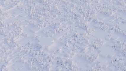 A 3D render of an abstract white city with geometric shapes, creating an effect of depth and volume.