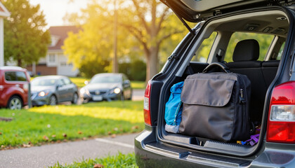 Business briefcase in car trunk surrounded by suburban setting, preparedness
