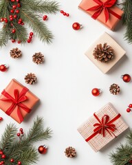 Festive gifts and decorations arranged with pine branches and ornaments for a cheerful holiday atmosphere.