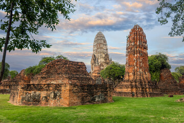 Historic ruins of Wat Maha That temple in Ayutthaya city, Thailand