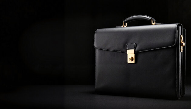 Elegant business briefcase with gold hardware on black background, sophistication