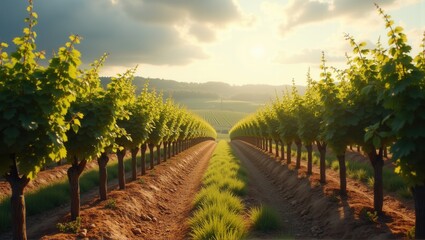Naklejka premium A vibrant vineyard at sunrise with rows of grapevines heavy with ripe purple grapes, the sun casting a warm glow over the landscape, symbolizing abundance and harvest. Generative, AI,