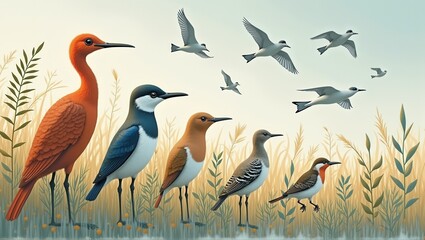 Obraz premium A creative world map with birds flying across continents, designed with warm tones and bold outlines, highlighting global connections and movement. Generative, AI,