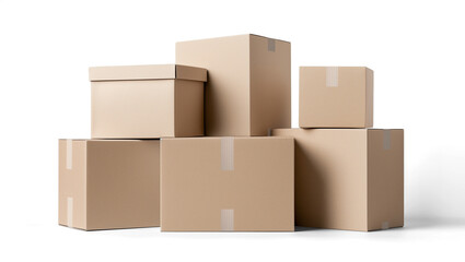 Set of brown cardboard boxes  for packaging, delivery and storage. Transparent background, png
