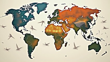 Obraz premium A creative world map with birds flying across continents, designed with warm tones and bold outlines, highlighting global connections and movement. Generative, AI,
