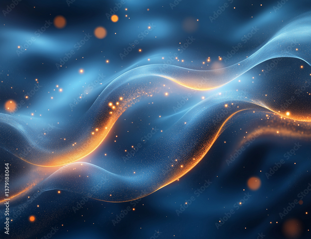 Poster blue abstract background with light waves and bokeh effects