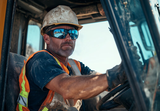 A man in a hard hat and sunglasses drives a construction vehicle