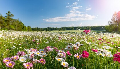 Obraz premium meadow with lots of white and pink spring daisy flowers in sunny day nature landscape in estonia in early summer
