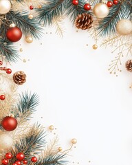 Fototapeta premium Holiday-themed frame with pine branches, ornaments, and decorations on a blank background.
