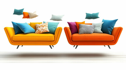 Two Vibrant Sofas in Orange with Assorted Pillows on White Background Creating a Modern Interior Design Aesthetic
