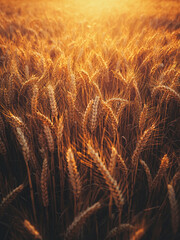 Aerial drone view of a golden wheat field at sunset