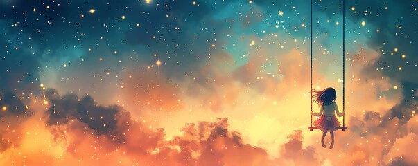 Fototapeta premium A girl swings amidst a vibrant cosmic sky filled with stars and colorful clouds, evoking a sense of wonder and limitless imagination.