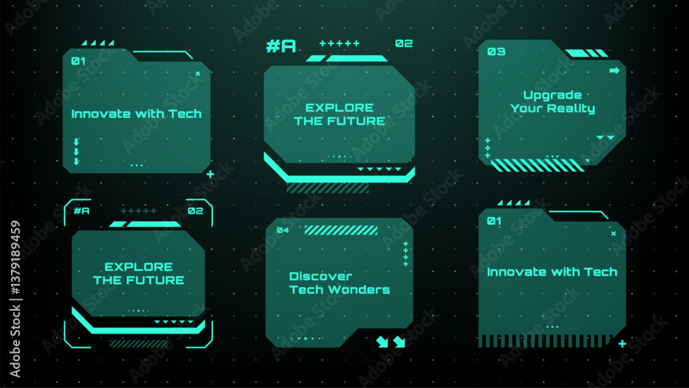 Poster Modern technology label. Text boxes set in abstract tech style. Modern logo in cyberpunk style. Technology hi-tech design. Vector illustration.	