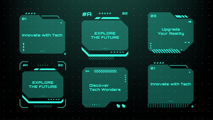 Modern technology label. Text boxes set in abstract tech style. Modern logo in cyberpunk style. Technology hi-tech design. Vector illustration.	