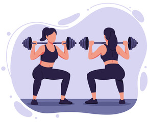 Obraz premium Two women lifting weights together. Minimalist flat design illustration vector