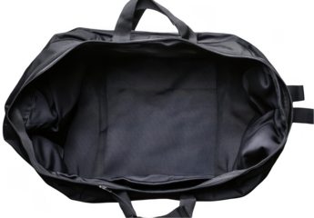 Open gym bag with black textured fabric, white background, png