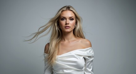 Naklejka premium Blonde woman with flowing hair against gray background. Female with natural makeup and windswept hairstyle. Beauty portrait and hair care concept. Fashion photography with elegant styling