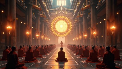 Obraz premium A group of monks meditating in a serene temple, illuminated by the glowing light from an ornate, circular ceiling design, creating a spiritual and tranquil atmosphere. Generative, AI,
