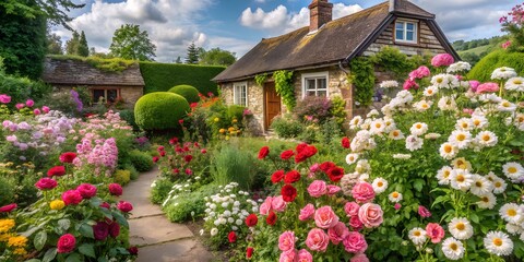 Obraz premium A countryside cottage garden bursting with roses and daisies.