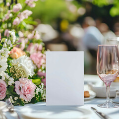 a realistic blank white menu card mockup size is 5x7 inches in portrait orientation at an outdoor brunch table during a party with colorful pastel spring deco