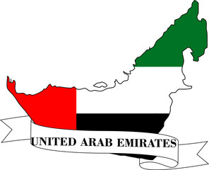 The map of the United Arab Emirates overlaid with the flag of the United Arab Emirates and with its name written on a ribbon