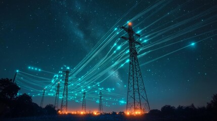 Ethereal Power Lines Set Against a Starry Sky A Truly Stunning and Enchanting Nighttime Landscape Display