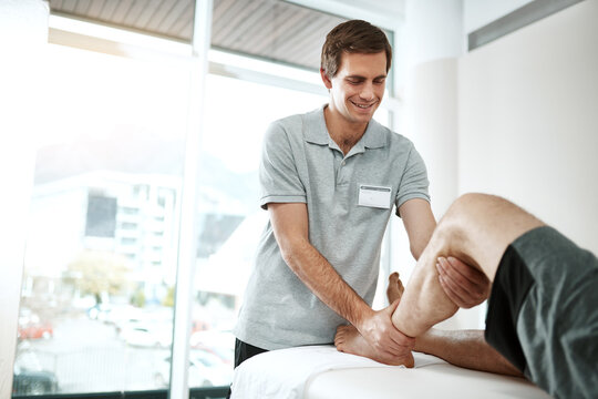 Client, man or physiotherapist with leg rehabilitation in office for knee injury for orthopedic support. Calf treatment, mobility help or professional pt with physiotherapy service or muscle recovery