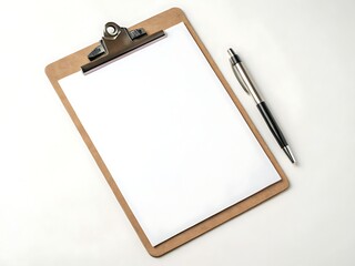 A clipboard with a blank sheet of paper and a pen on a white background flat lay