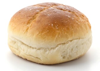 Close up shot of a single kaiser roll with a golden brown crust on white surface