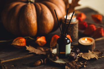 Home comfort, coziness, aromatherapy. Cozy fall interior with knitted wool warm sweater, burning candles and autumn aroma perfume diffuser. Pumpkin pie scent, maple sirup, cinnamon, anise, dry citrus