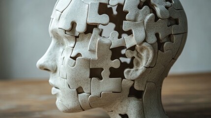  3D sculpture of a human head made from interlocking puzzle pieces