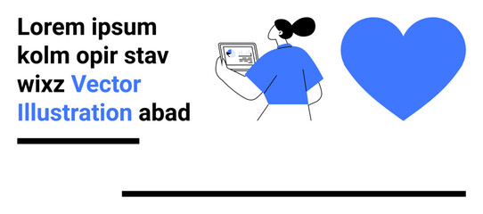 Individual holding tablet, placeholder text, blue heart symbolizing emotion and connection. Ideal for healthcare, technology, education, marketing, communication, user interface simple landing page