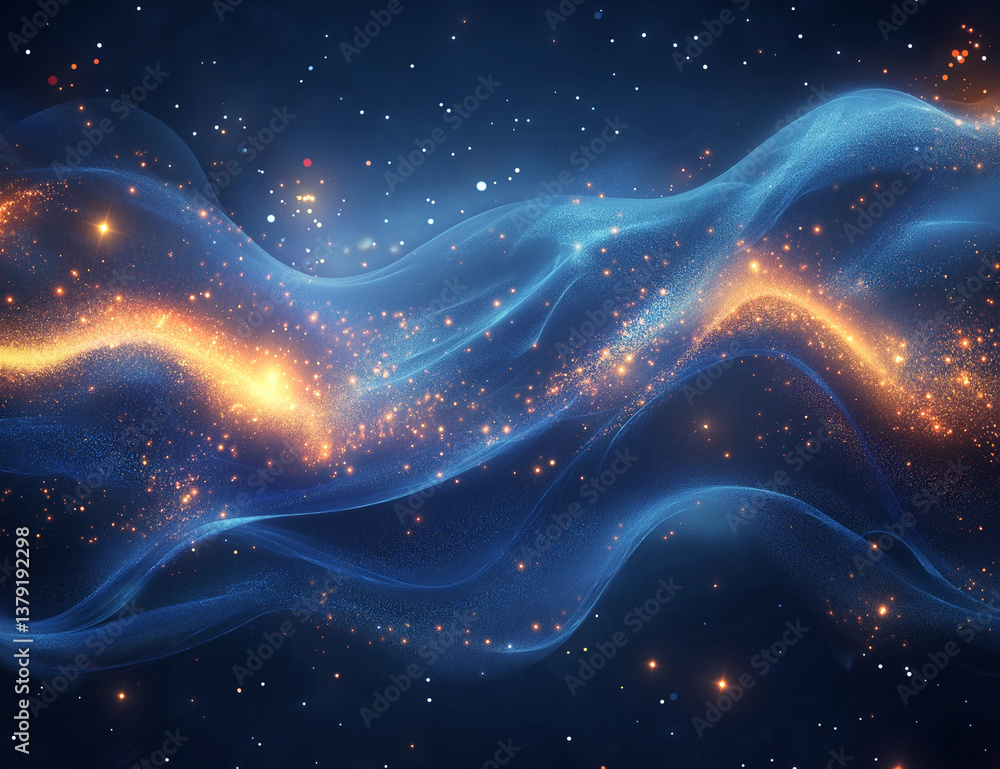 Poster blue abstract background with light waves and bokeh effects