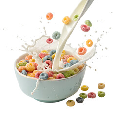 Colorful cereal being poured into a bowl with milk splashing brightly