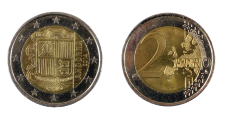 This two euro coin showcases national elements of Andorra on one side, while the reverse displays the denomination and a map of Europe. It represents the country's unique currency.