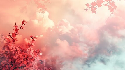 A serene landscape showcasing delicate pink blossoms against a dreamy pastel sky, creating a tranquil and uplifting atmosphere for nature lovers.