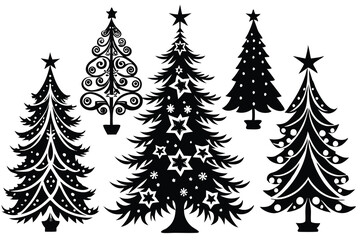 Christmas Tree Vector Shape Set Pine Tree Silhouettes with Stars Monochrome Icons