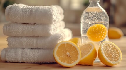 A serene setting featuring stacked white towels beside slices of fresh lemon and a bottle of refreshing water. Perfect for wellness and relaxation imagery.