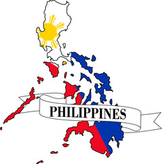 The map of the Philippines overlaid with the Philippine flag and with its name written on a ribbon