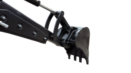 Excavator bucket is shown attached to a robust arm, designed for efficient digging and material handling at a construction site. Ideal for various earth-moving tasks.