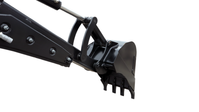 Excavator bucket is shown attached to a robust arm, designed for efficient digging and material handling at a construction site. Ideal for various earth-moving tasks.