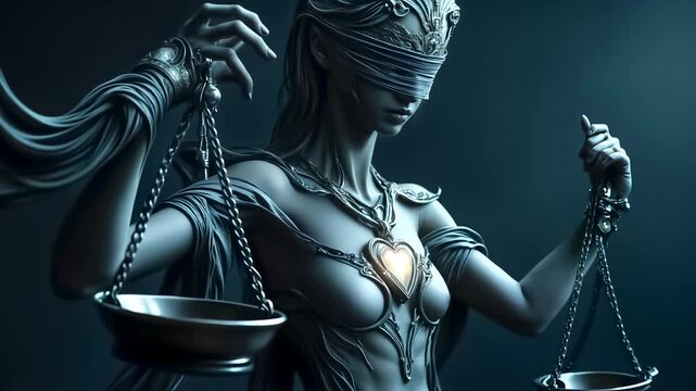 Themis, goddess of justice blindfolded, holding scales and heart, symbolizing morality in law.
