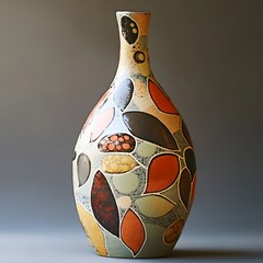 Ceramic vase with a colorful pattern on a wooden table and a grey wall background.