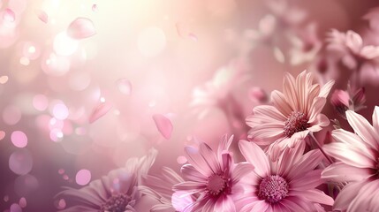 Obraz premium A soft and dreamy backdrop featuring delicate flowers in shades of pink, blurred lights, and gentle petals floating, creating a serene floral atmosphere.