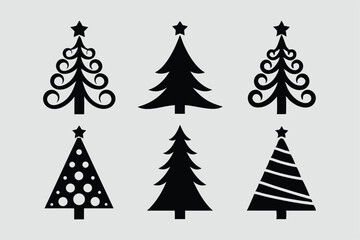 Christmas Tree Vector Shape Set Pine Tree Silhouettes with Stars Monochrome Icons