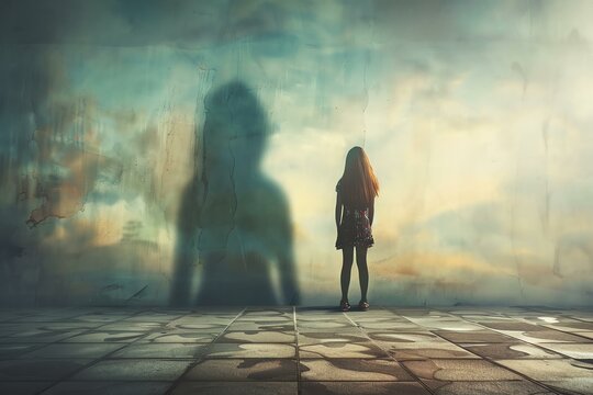 A solitary figure stands in front of an ethereal shadow on a textured wall, evoking feelings of introspection, wonder, and emotional depth in a surreal environment.