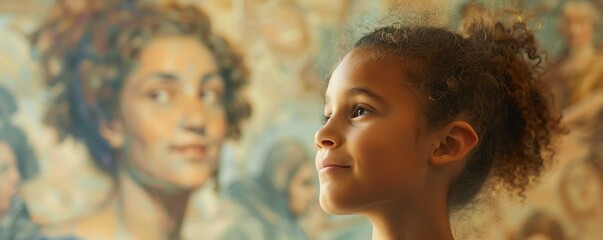 Fototapeta premium A thoughtful young girl gazes at a beautiful mural, reflecting curiosity and inspiration from the art that surrounds her in an artistic setting.