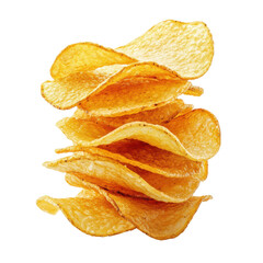 Crispy golden potato chips stacked neatly on a transparent background