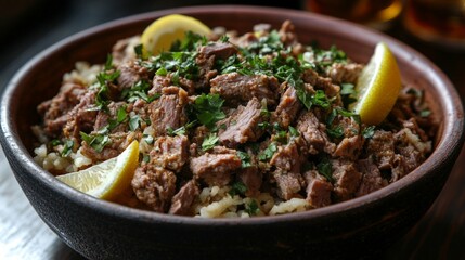 Brown Rice Dish with Diced Meat Lemon and Parsley